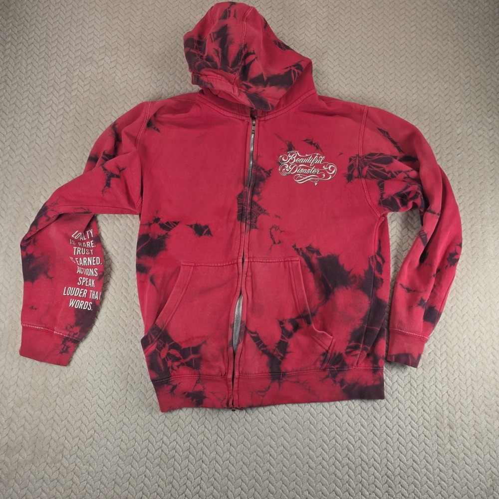 Beautiful Disaster Red Black Tie Dye Zip Up Hoodie Grunge Y2K Graphic Large